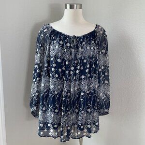 Roz & Ali Womens Plus 3X Navy Floral Blouse With Long Sleeves Tie Neckline Shirt